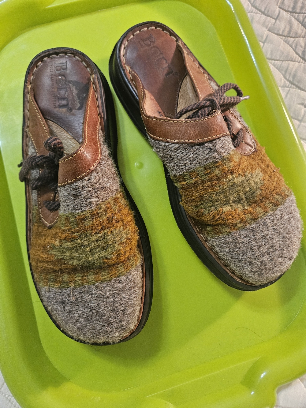 Born Women's Cabin core Boho Multicolor Wool Slip-On Clogs w/ Brown Leather Trim